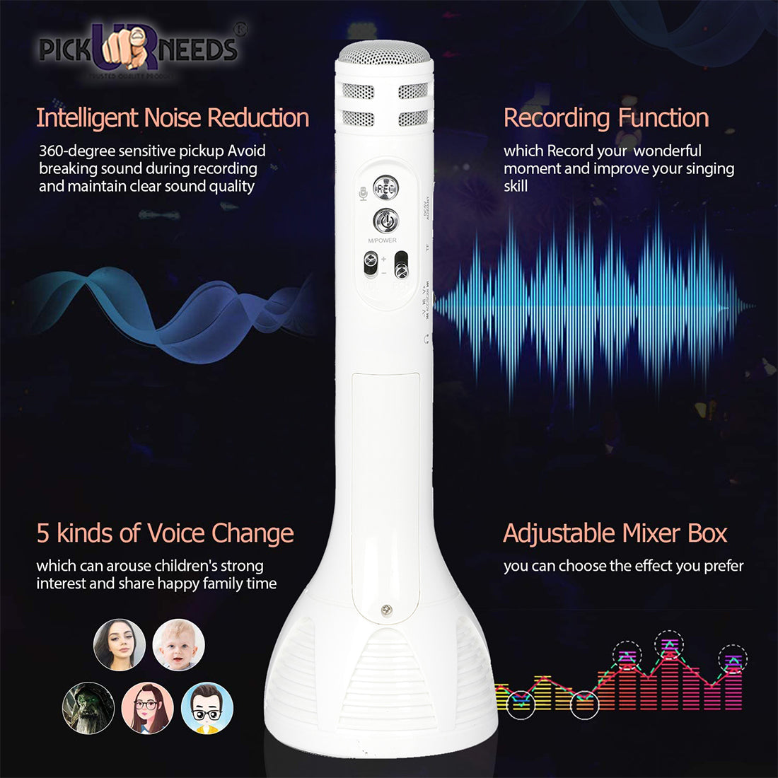 Pick Ur Needs Karaoke Mic with Led Light Wireless Bluetooth Microphone Connection Player Speaker 2-in1 with Recording + USB+FM